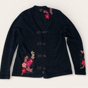 Vintage Icelandic Design Linen Cotton Embroidered Floral Cardigan Sweater Large